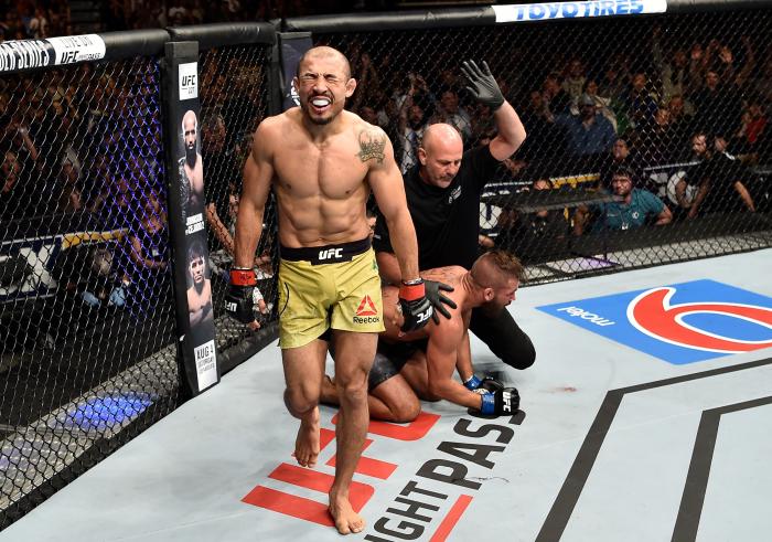 CALGARY, AB - JULY 28: Jose Aldo of Brazil celebrates after his TKO victory over Jeremy Stephens in their featherweight bout during the UFC Fight Night event at Scotiabank Saddledome on July 28, 2018 in Calgary, Alberta, Canada. (Photo by Jeff Bottari/Zuffa LLC via Getty Images)