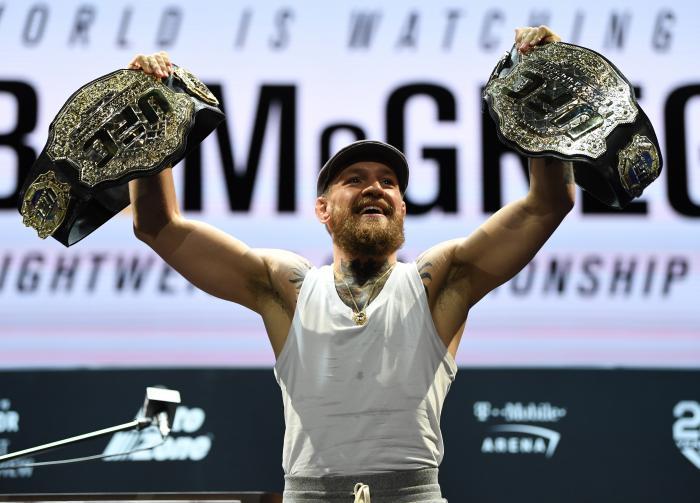 LAS VEGAS, NEVADA - OCTOBER 04: Conor McGregor poses for photos during the UFC 229 Press Conference inside The Park Theater at Park MGM on October 4, 2018 in Las Vegas, Nevada. (Photo by Jeff Bottari/Zuffa LLC/Zuffa LLC via Getty Images)