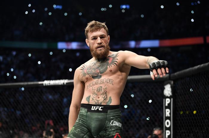 LAS VEGAS, NV - OCTOBER 06: Conor McGregor of Ireland enters the Octagon before facing Khabib Nurmagomedov of Russia in their UFC lightweight championship bout during the UFC 229 event inside T-Mobile Arena on October 6, 2018 in Las Vegas, Nevada. (Photo by Brandon Magnus/Zuffa LLC/Zuffa LLC via Getty Images)