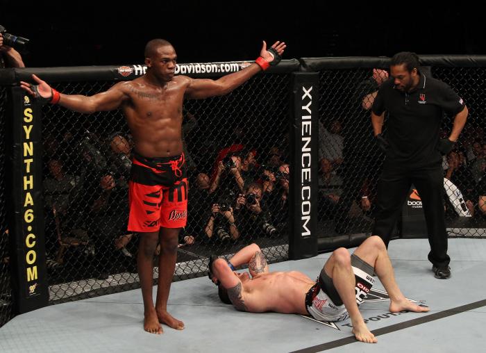 LAS VEGAS - FEBRUARY 05: Jon Jones celebrates after beating Ryan Bader during their light heavyweight bout at UFC 126 at the Mandalay Bay Events Center on February 5, 2011 in Las Vegas, Nevada. (Photo by Jed Jacobsohn/Zuffa LLC via Getty Images)