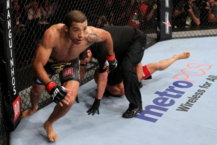 Jose Aldo celebrates knocking out Chad Mendes in a featherweight bout during UFC 142 at HSBC Arena on January 14, 2012 in Rio de Janeiro, Brazil.