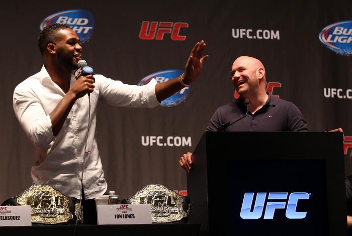 NEW YORK, NY - JULY 31: UFC president Dana White hosts a press conference live with UFC heavyweight champion Cain Velasquez, Junior Dos Santos, UFC light heavyweight champion Jon Jones, Alexander Gustafsson, UFC welterweight champion Georges St-Pierre, Johny Hendricks, UFC women's bantamweight champion Ronda Rousey and Miesha Tate at Beacon Theatre on July 31, 2013 in New York City. (Photo by Mike Stobe/Zuffa LLC via Getty Images)