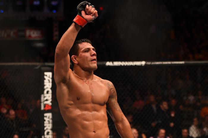 PHOENIX, AZ - DECEMBER 13: Rafael dos Anjos of Brazil celebrates after defeating Nate Diaz in their lightweight fight during the UFC Fight Night event at the U.S. Airways Center on December 13, 2014 in Phoenix, Arizona. (Photo by Josh Hedges/Zuffa LLC/Zuffa LLC via Getty Images)