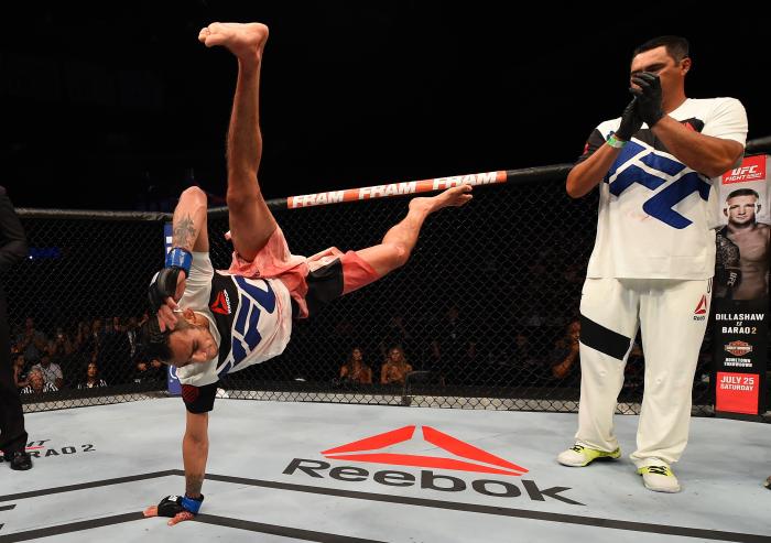 SAN DIEGO, CA - JULY 15: Tony Ferguson celebrates his victory over Josh Thomson in their lightweight bout during the UFC event at the Valley View Casino Center on July 15, 2015 in San Diego, California. (Photo by Jeff Bottari/Zuffa LLC via Getty Images)