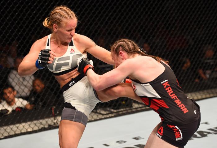 ORLANDO, FL - DECEMBER 19: (L-R) Valentina Shevchenko kicks Sarah Kaufman in their women's bantamweight bout during the UFC Fight Night event at the Amway Center on December 19, 2015 in Orlando, Florida. (Photo by Josh Hedges/Zuffa LLC via Getty Images)