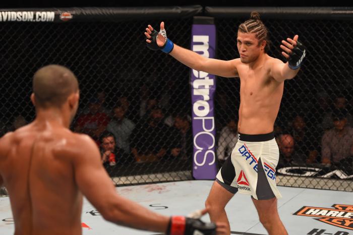 Brian Ortega and Diego Brandão faceoff in their featherweight bout during the UFC 195 event inside MGM Grand Garden Arena on January 2, 2016 in Las Vegas, Nevada.