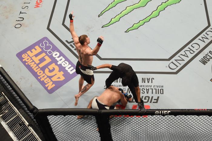 LAS VEGAS, NV - JANUARY 02: An overhead view of the Octagon as Stipe Miocic reacts to his victory over Andrei Arlovski during the UFC 195 event inside MGM Grand Garden Arena on January 2, 2016 in Las Vegas, Nevada. (Photo by Josh Hedges/Zuffa LLC/Zuffa LLC via Getty Images)