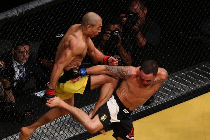 Jose Aldo throws a knee during the UFC 200 event on July 9, 2016 at T-Mobile Arena in Las Vegas, Nevada.
