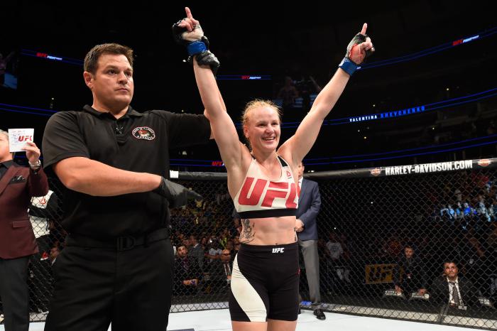 CHICAGO, IL - JULY 23: Valentina Shevchenko of Kyrgyzstan celebrates after defeating Holly Holm by unanimous decision in their women's bantamweight bout during the UFC Fight Night event at the United Center on July 23, 2016 in Chicago, Illinois. (Photo by Josh Hedges/Zuffa LLC via Getty Images)