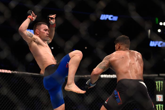 Colby Covington jumps during the UFC 202 event at T-Mobile Arena on August 20, 2016 in Las Vegas, Nevada.