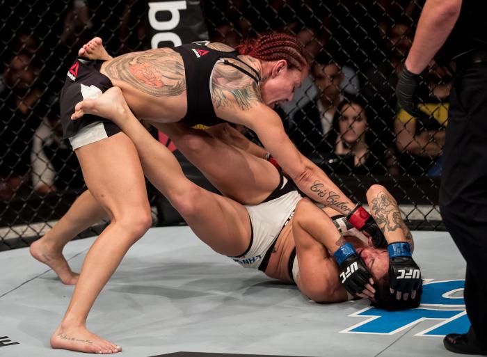 BRASILIA, BRAZIL - SEPTEMBER 24: Cris Cyborg of Brazil submits Lina Lansberg of Sweden in their catchweight bout during the UFC Fight Night event at Nilson Nelson gymnasium on September 24, 2016 in Brasilia, Brazil. (Photo by Buda Mendes/Zuffa LLC via Getty Images)