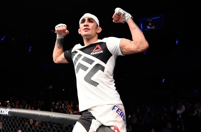 MEXICO CITY, MEXICO - NOVEMBER 05: Tony Ferguson of the United States celebrates his victory over Rafael Dos Anjos of Brazil in their lightweight bout during the UFC Fight Night event at Arena Ciudad de Mexico on November 5, 2016 in Mexico City, Mexico. (Photo by Jeff Bottari/Zuffa LLC via Getty Images)