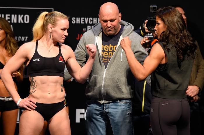 DENVER, COLORADO - JANUARY 27: (L-R) Valentina Shevchenko of Kyrgyzstan and Julianna Pena face off during the UFC Fight Night weigh-in at the Pepsi Center on January 27, 2017 in Denver, Colorado. (Photo by Josh Hedges/Zuffa LLC via Getty Images)