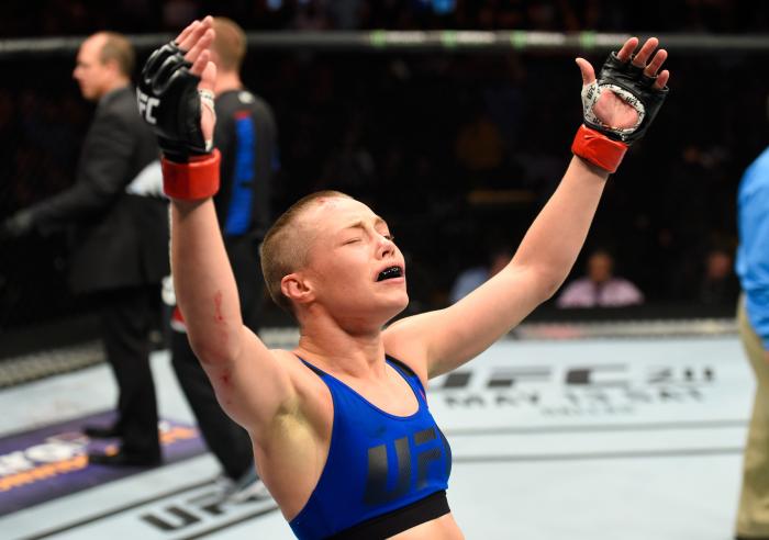 KANSAS CITY, MO - APRIL 15: Rose Namajunas celebrates her submission victory over Michelle Waterson in their women's strawweight fight during the UFC Fight Night event at Sprint Center on April 15, 2017 in Kansas City, Missouri. (Photo by Josh Hedges/Zuffa LLC via Getty Images)