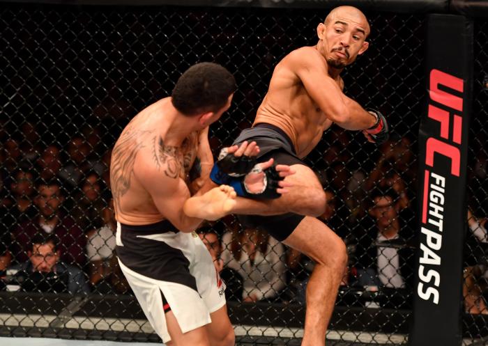 RIO DE JANEIRO, BRAZIL - JUNE 03: (R-L) Jose Aldo of Brazil kicks Max Holloway in their UFC featherweight championship bout during the UFC 212 event at Jeunesse Arena on June 3, 2017 in Rio de Janeiro, Brazil. (Photo by Jeff Bottari/Zuffa LLC via Getty Images)