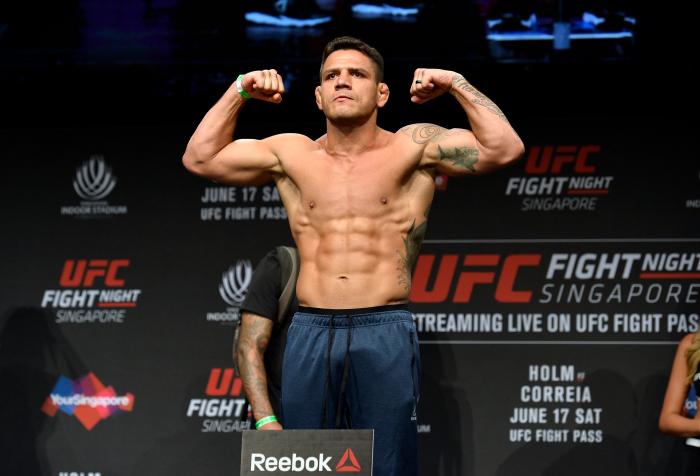 SINGAPORE - JUNE 16: Rafael dos Anjos of Brazil poses on the scale during the UFC Fight Night weigh-in at the Marina Bay Sands on June 16, 2017 in Singapore. (Photo by Brandon Magnus/Zuffa LLC/Zuffa LLC via Getty Images)