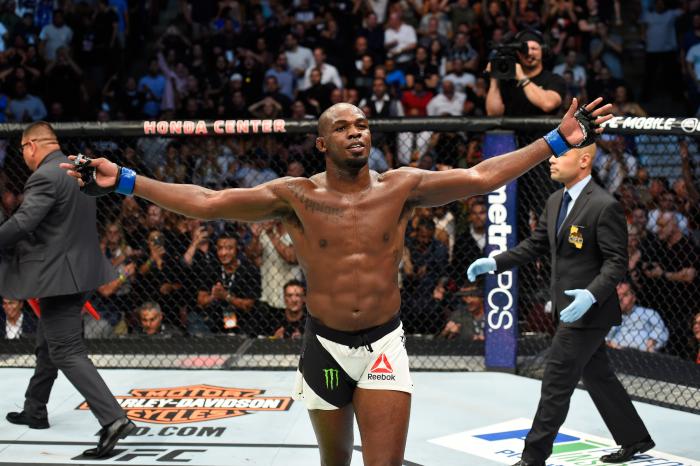 Jon Jones celebrates during the UFC 214 event at Honda Center on July 29, 2017 in Anaheim, California.