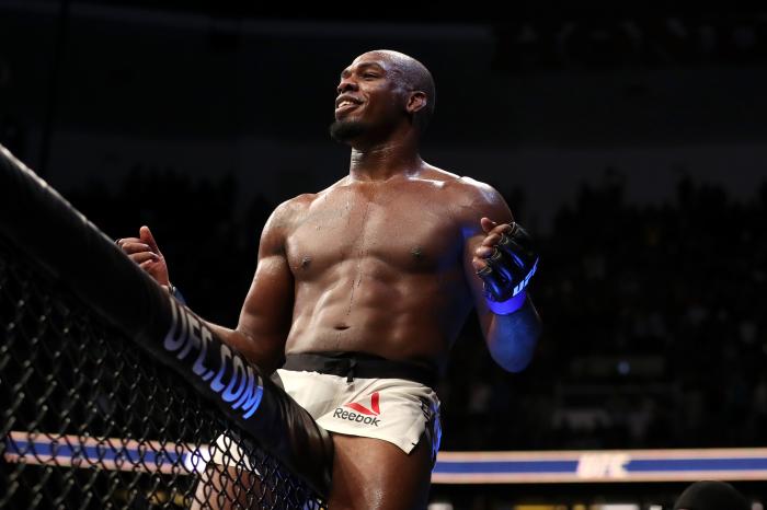 Jon Jones celebrates during the UFC 214 event at Honda Center on July 29, 2017 in Anaheim, California.