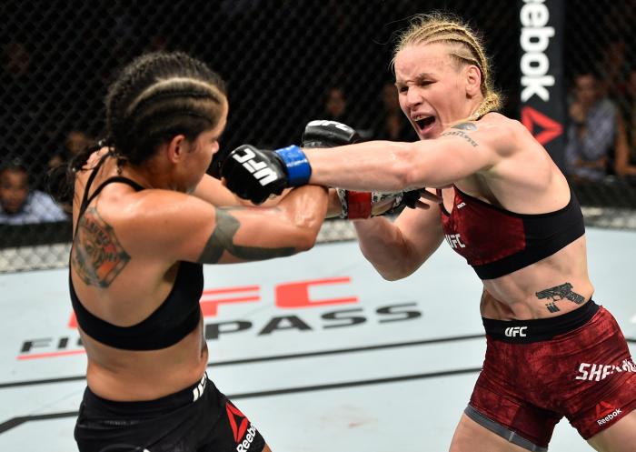 EDMONTON, AB - SEPTEMBER 09: (R-L) Valentina Shevchenko of Kyrgyzstan punches Amanda Nunes of Brazil in their women's bantamweight bout during the UFC 215 event inside the Rogers Place on September 9, 2017 in Edmonton, Alberta, Canada. (Photo by Jeff Bottari/Zuffa LLC via Getty Images)