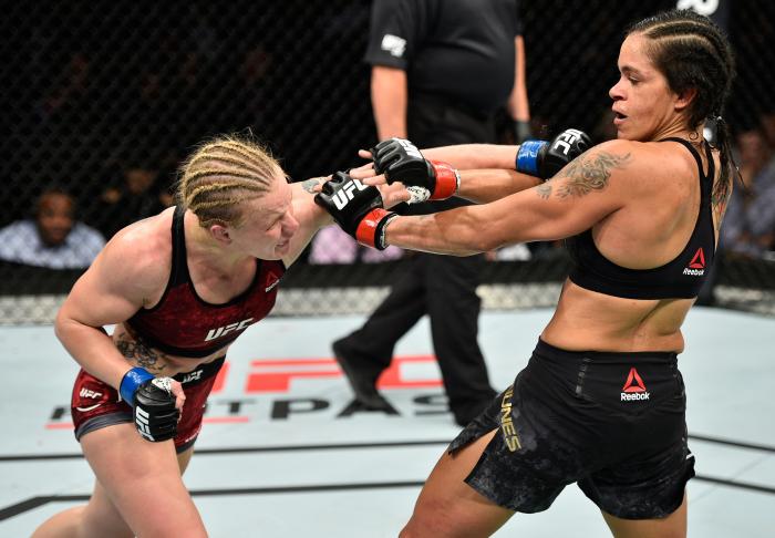 EDMONTON, AB - SEPTEMBER 09: (L-R) Valentina Shevchenko of Kyrgyzstan punches Amanda Nunes of Brazil in their women's bantamweight bout during the UFC 215 event inside the Rogers Place on September 9, 2017 in Edmonton, Alberta, Canada. (Photo by Jeff Bottari/Zuffa LLC via Getty Images)