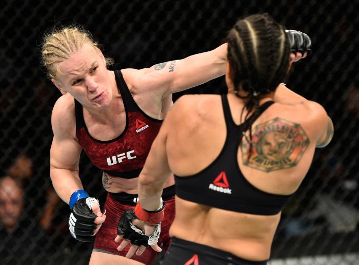 EDMONTON, AB - SEPTEMBER 09: (L-R) Valentina Shevchenko of Kyrgyzstan punches Amanda Nunes of Brazil in their women's bantamweight bout during the UFC 215 event inside the Rogers Place on September 9, 2017 in Edmonton, Alberta, Canada. (Photo by Jeff Bottari/Zuffa LLC via Getty Images)