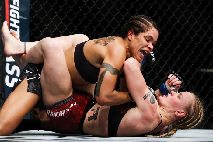 EDMONTON, AB - SEPTEMBER 09: Amanda Nunes, top, fights Valentina Shevchenko during UFC 215 at Rogers Place on September 9, 2017 in Edmonton, Canada. (Photo by Codie McLachlan/Getty Images)