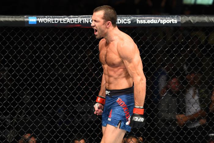 PITTSBURGH, PA - SEPTEMBER 16: Luke Rockhold celebrates after defeating David Branch in their middleweight bout during the UFC Fight Night event inside the PPG Paints Arena on September 16, 2017 in Pittsburgh, Pennsylvania. (Photo by Josh Hedges/Zuffa LLC/Zuffa LLC via Getty Images)