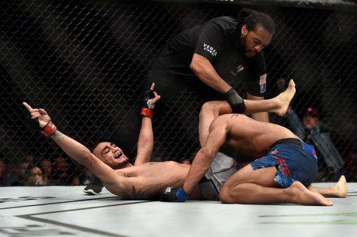 LAS VEGAS, NV - OCTOBER 07: Tony Ferguson celebrates after his submission victory over Kevin Lee in their interim UFC lightweight championship bout during the UFC 216 event inside T-Mobile Arena on October 7, 2017 in Las Vegas, Nevada. (Photo by Brandon Magnus/Zuffa LLC via Getty Images)