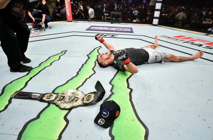 LAS VEGAS, NV - OCTOBER 07: Tony Ferguson celebrates after his submission victory over Kevin Lee in their interim UFC lightweight championship bout during the UFC 216 event inside T-Mobile Arena on October 7, 2017 in Las Vegas, Nevada. (Photo by Jeff Bottari/Zuffa LLC via Getty Images)