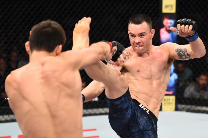 SAO PAULO, BRAZIL - OCTOBER 28: (R-L) Colby Covington kicks Demian Maia of Brazil in their welterweight bout during the UFC Fight Night event inside the Ibirapuera Gymnasium on October 28, 2017 in Sao Paulo, Brazil. (Photo by Josh Hedges/Zuffa LLC via Getty Images)