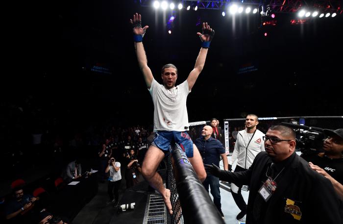 FRESNO, CA - DECEMBER 09: Brian Ortega celebrates his submission victory over Cub Swanson in their featherweight bout during the UFC Fight Night event inside Save Mart Center on December 9, 2017 in Fresno, California. (Photo by Jeff Bottari/Zuffa LLC via Getty Images)