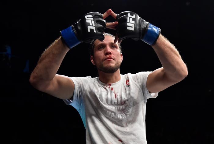 FRESNO, CA - DECEMBER 09: Brian Ortega celebrates his submission victory over Cub Swanson in their featherweight bout during the UFC Fight Night event inside Save Mart Center on December 9, 2017 in Fresno, California. (Photo by Jeff Bottari/Zuffa LLC via Getty Images)