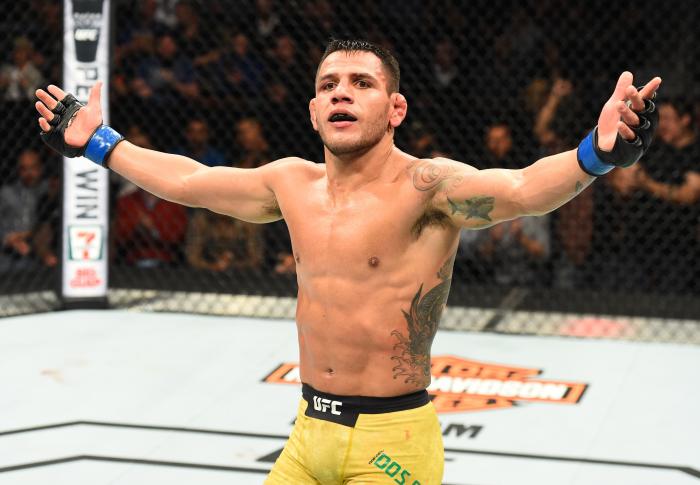 WINNIPEG, CANADA - DECEMBER 16: Rafael Dos Anjos of Brazil raises his hands after facing Robbie Lawler in their welterweight bout during the UFC Fight Night event at Bell MTS Place on December 16, 2017 in Winnipeg, Manitoba, Canada. (Photo by Josh Hedges/Zuffa LLC/Zuffa LLC via Getty Images)