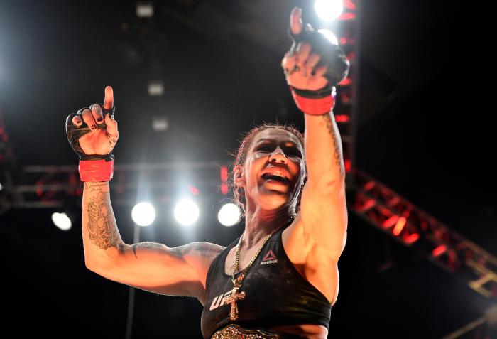 LAS VEGAS, NV - DECEMBER 30: Cris Cyborg of Brazil celebrates after her victory over Holly Holm in their women's featherweight bout during the UFC 219 event inside T-Mobile Arena on December 30, 2017 in Las Vegas, Nevada. (Photo by Brandon Magnus/Zuffa LLC via Getty Images)
