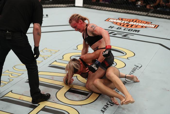 BELEM, BRAZIL - FEBRUARY 03: Valentina Shevchenko of Kyrgyzstan (top) punches Priscila Cachoeira of Brazil in their women's flyweight bout during the UFC Fight Night event at Mangueirinho Arena on February 03, 2018 in Belem, Brazil. (Photo by Buda Mendes/Zuffa LLC via Getty Images)