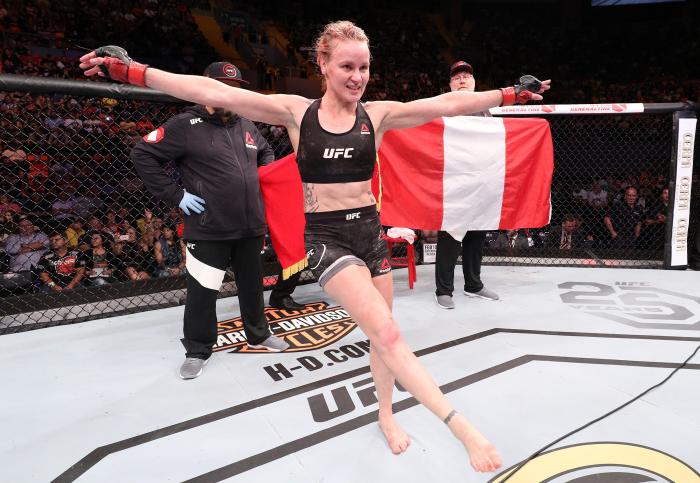 BELEM, BRAZIL - FEBRUARY 03: Valentina Shevchenko of Kyrgyzstan celebrates her victory over Priscila Cachoeira of Brazil in their women's flyweight bout during the UFC Fight Night event at Mangueirinho Arena on February 03, 2018 in Belem, Brazil. (Photo by Buda Mendes/Zuffa LLC via Getty Images)