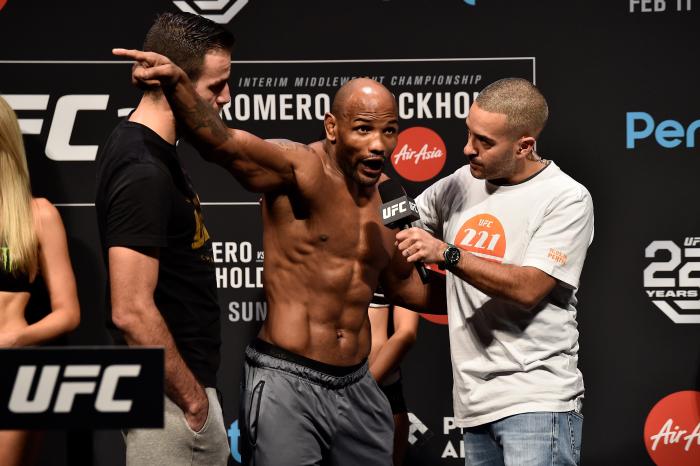 PERTH, AUSTRALIA - FEBRUARY 10: Yoel Romero of Cuba (L) is interviewed by Jon Anik during the UFC 221 weigh-in at Perth Arena on February 10, 2018 in Perth, Australia. (Photo by Jeff Bottari/Zuffa LLC via Getty Images)