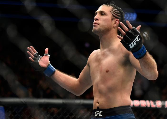 LAS VEGAS, NV - MARCH 03: Brian Ortega celebrates after knocking out Frankie Edgar in their featherweight bout during the UFC 222 event inside T-Mobile Arena on March 3, 2018 in Las Vegas, Nevada. (Photo by Brandon Magnus/Zuffa LLC via Getty Images)