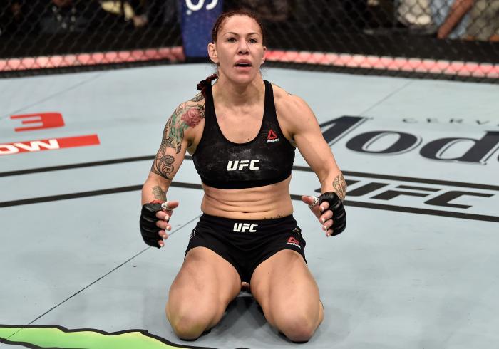 LAS VEGAS, NV - MARCH 03: Cris Cyborg of Brazil celebrates after her TKO victory over Yana Kunitskaya of Russia in their women's featherweight bout during the UFC 222 event inside T-Mobile Arena on March 3, 2018 in Las Vegas, Nevada. (Photo by Jeff Bottari/Zuffa LLC via Getty Images)