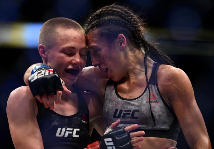 BROOKLYN, NEW YORK - APRIL 07: (L-R) Opponents Rose Namajunas and Joanna Jedrzejczyk of Poland embraces after the conclusion of their women's strawweight title bout during the UFC 223 event inside Barclays Center on April 7, 2018 in Brooklyn, New York. (Photo by Brandon Magnus/Zuffa LLC via Getty Images)