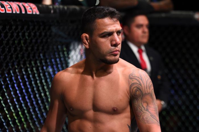 CHICAGO, ILLINOIS - JUNE 09: Rafael Dos Anjos of Brazil is introduced in his corner prior to facing Colby Covington in their interim welterweight title fight during the UFC 225 event at the United Center on June 9, 2018 in Chicago, Illinois. (Photo by Josh Hedges/Zuffa LLC/Zuffa LLC via Getty Images)