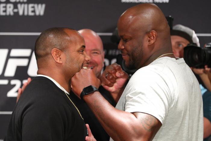 NEW YORK, NY - NOVEMBER 1: (L-R) UFC light heavyweight and heavyweight champion Daniel Cormier and Derrick Lewis pose for media during the UFC 230 ultimate media day at the New York Marriott Marquis on November 1, 2018 in New York, NY. (Photo by Ed Mulholland/Zuffa LLC via Getty Images)