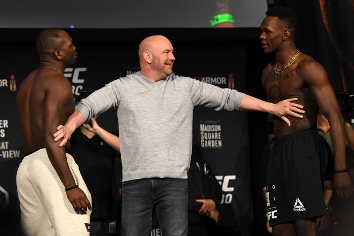 NEW YORK, NEW YORK - NOVEMBER 02: Opponents Derek Brunson and Israel Adesanya of Nigeria face off during the UFC 230 weigh-in inside Hulu Theater at Madison Square Garden on November 2, 2018 in New York, New York. (Photo by Jeff Bottari/Zuffa LLC via Getty Images)
