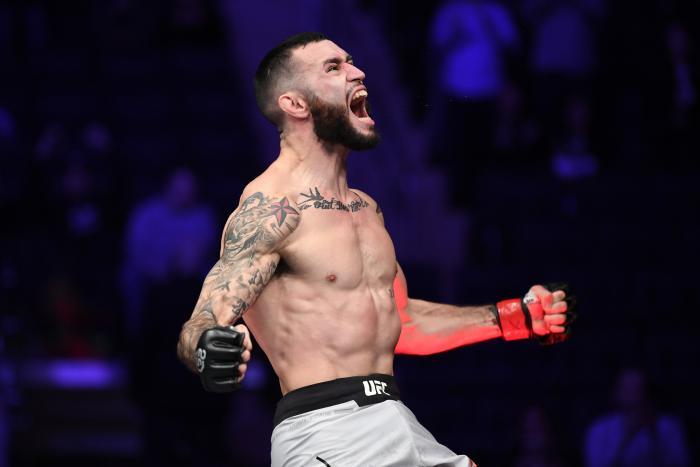 NEW YORK, NY - NOVEMBER 03: Shane Burgos celebrates his submission victory over Kurt Holobaugh in their featherweight bout during the UFC 230 event inside Madison Square Garden on November 3, 2018 in New York, New York. (Photo by Jeff Bottari/Zuffa LLC via Getty Images)