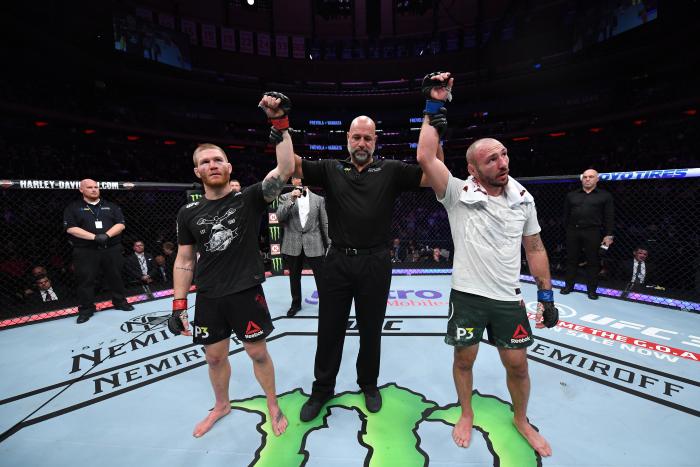 NEW YORK, NY - NOVEMBER 03: (L-R) Matt Frevola and Lando Vannata react after receiving a majority draw decision in their lightweight bout during the UFC 230 event inside Madison Square Garden on November 3, 2018 in New York, New York. (Photo by Jeff Bottari/Zuffa LLC via Getty Images)