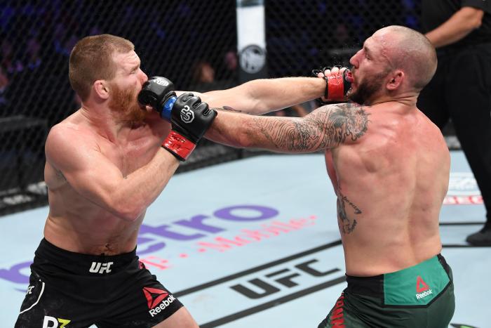NEW YORK, NY - NOVEMBER 03: (R-L) Matt Frevola and Lando Vannata exchange punches in their lightweight bout during the UFC 230 event inside Madison Square Garden on November 3, 2018 in New York, New York. (Photo by Jeff Bottari/Zuffa LLC via Getty Images)