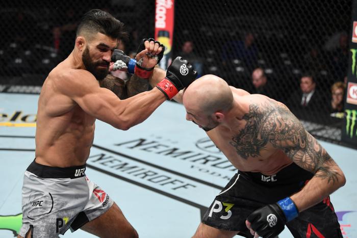 NEW YORK, NY - NOVEMBER 03: (R-L) Ben Saunders punches Lyman Good in their welterweight bout during the UFC 230 event inside Madison Square Garden on November 3, 2018 in New York, New York. (Photo by Jeff Bottari/Zuffa LLC via Getty Images)