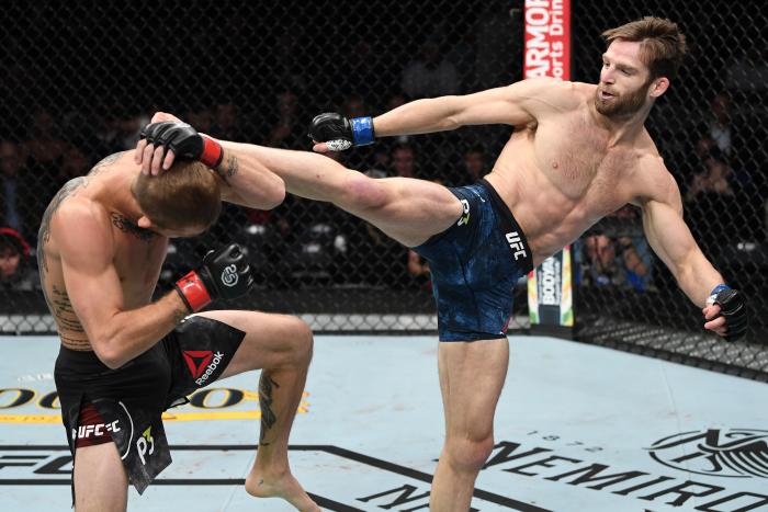 NEW YORK, NY - NOVEMBER 03: (R-L) Jordan Rinaldi kicks Jason Knight in their featherweight bout during the UFC 230 event inside Madison Square Garden on November 3, 2018 in New York, New York. (Photo by Jeff Bottari/Zuffa LLC via Getty Images)