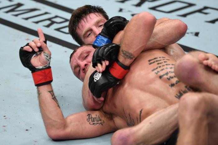 NEW YORK, NY - NOVEMBER 03: (L-R) Jason Knight taunts Jordan Rinaldi in their featherweight bout during the UFC 230 event inside Madison Square Garden on November 3, 2018 in New York, New York. (Photo by Jeff Bottari/Zuffa LLC via Getty Images)