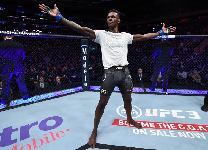 NEW YORK, NY - NOVEMBER 03: Israel Adesanya of Nigeria celebrates his TKO victory over Derek Brunson in their middleweight bout during the UFC 230 event inside Madison Square Garden on November 3, 2018 in New York, New York. (Photo by Jeff Bottari/Zuffa LLC via Getty Images)